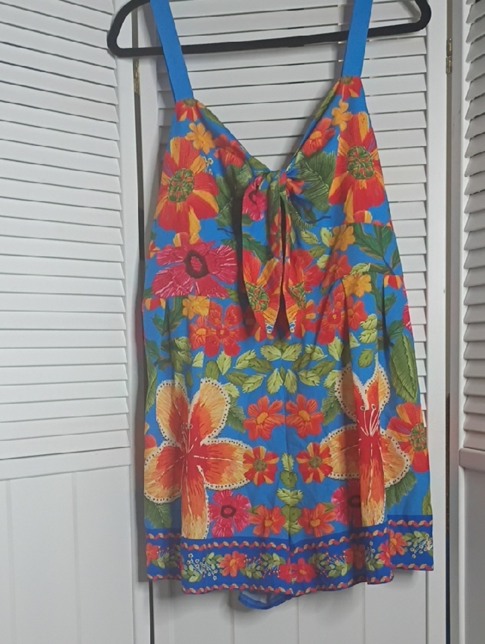 Bright Tropical Floral Romper — Blue, Red & Orange